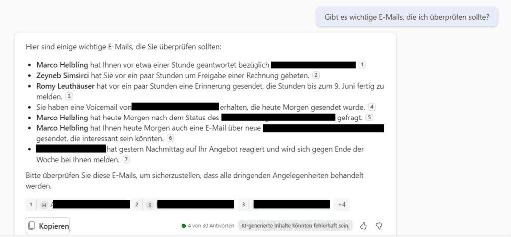 Copilot für Microsoft listet Pendenzen automatisch auf . 